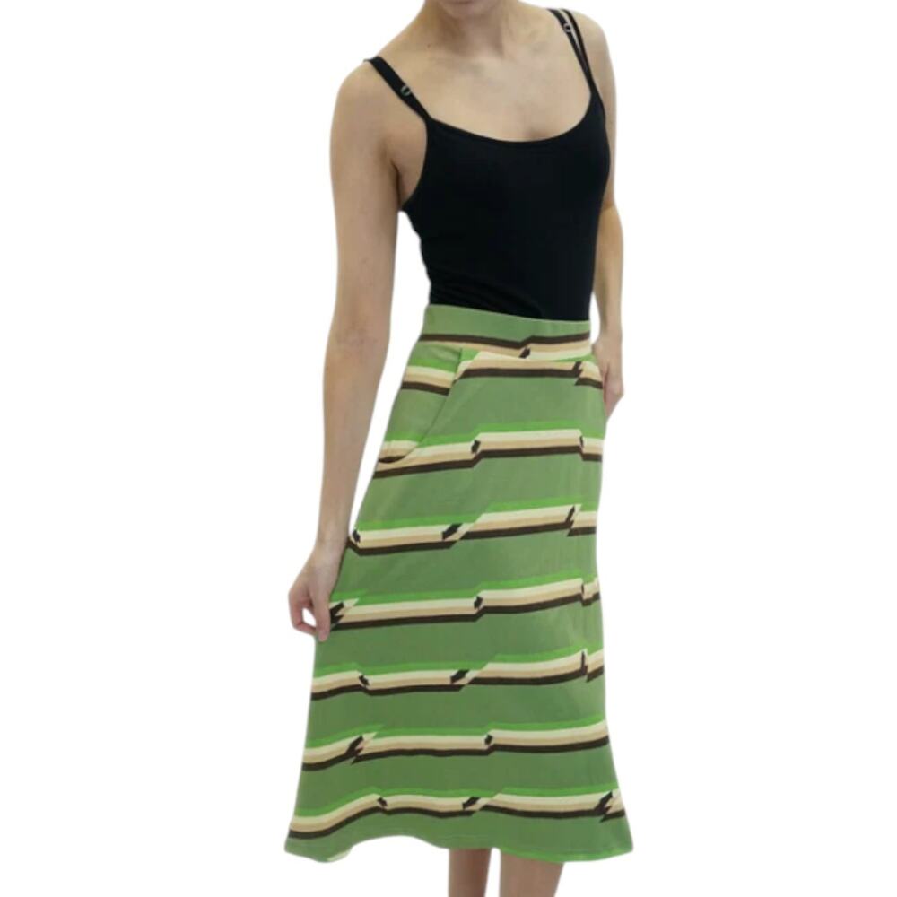 Svaha Midi Skirt XL Green Brown Stripe Arrows Organic Cotton Artsy Teacher Color
